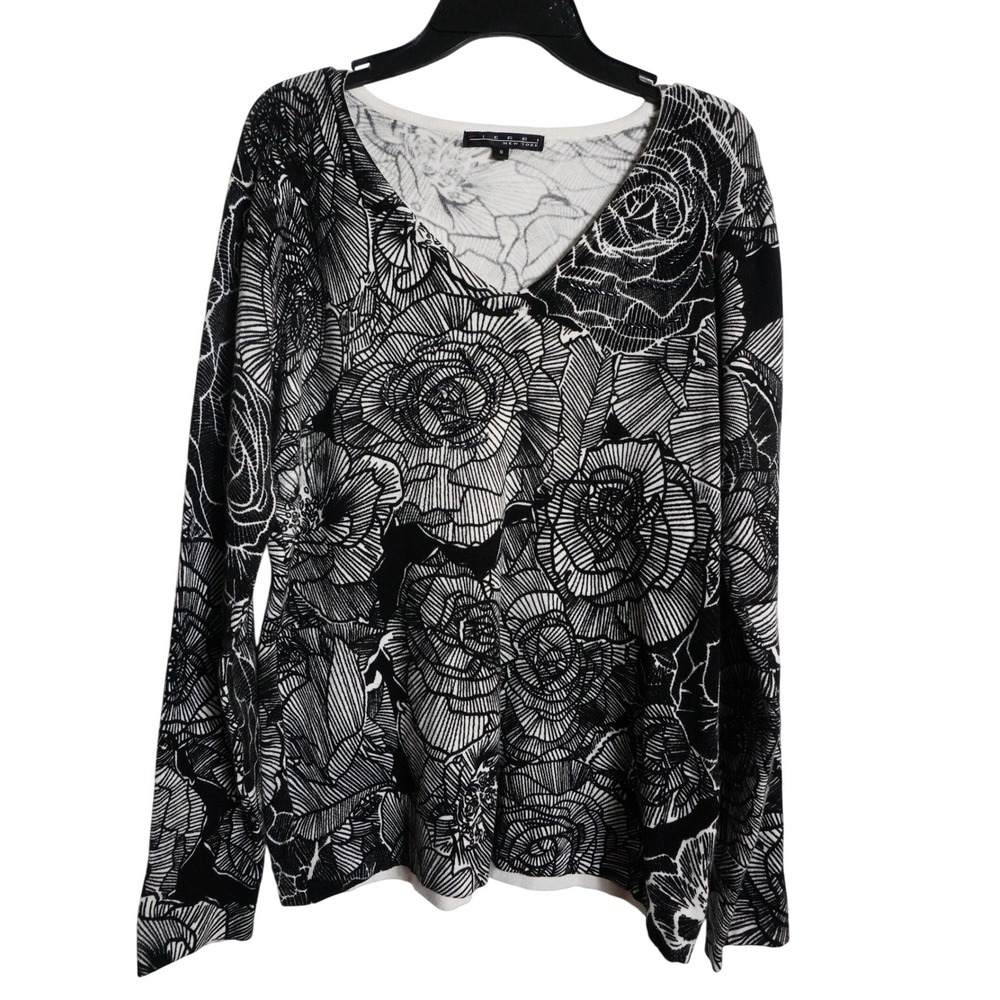 Pierri New York Sweater S Floral Rose Print Beaded V-Neck Black White Artsy